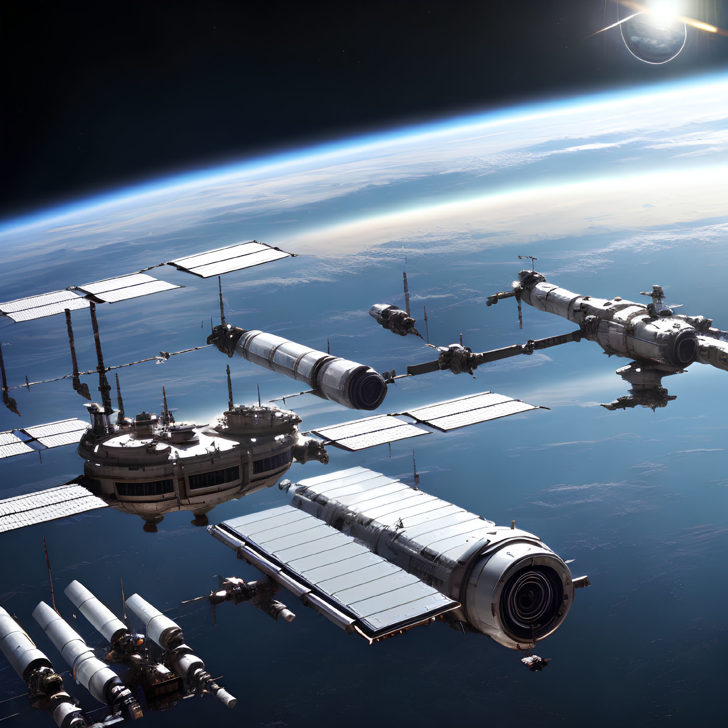 Futuristic space station with solar panels, spaceship, and sunrise orbiting Earth