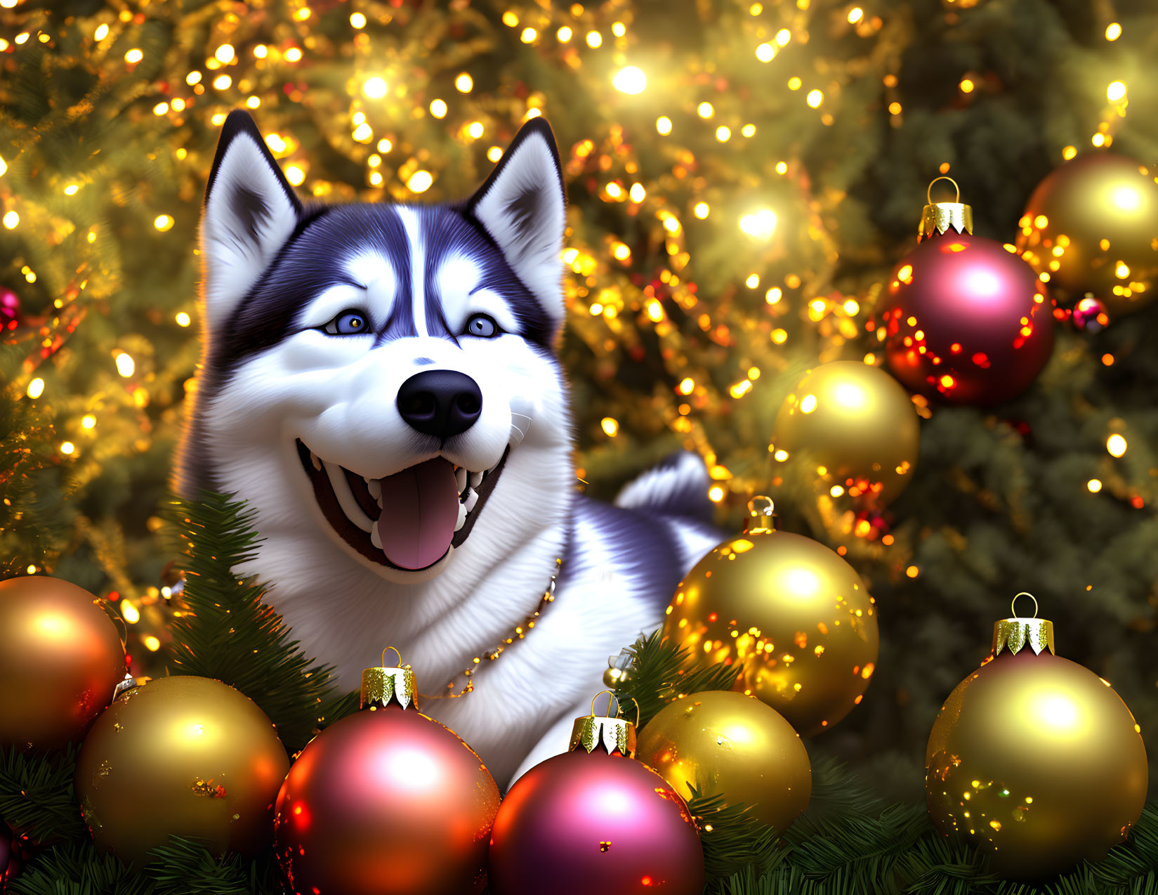 Cheerful animated husky in festive Christmas tree setting