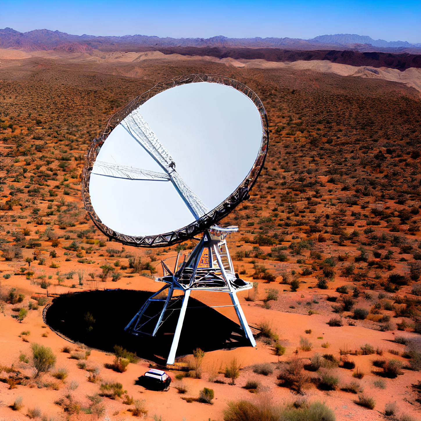 Radio telescope in desert landscape with car for scale