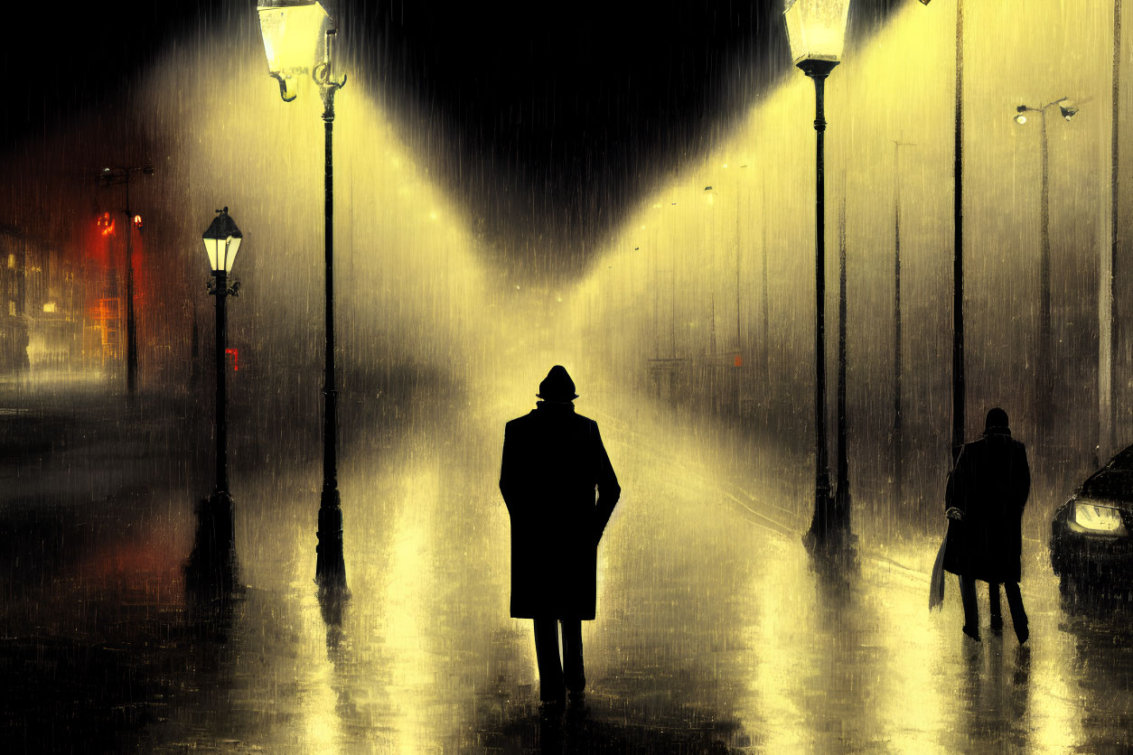 Silhouette of person standing in rain at night under streetlights