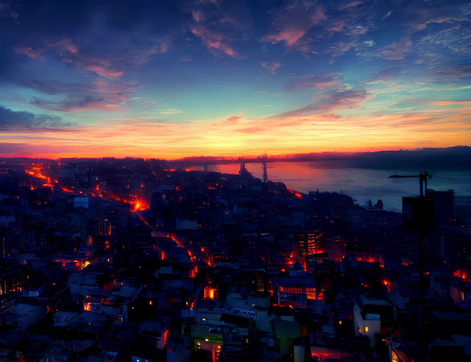 Fiery dawn cityscape with illuminated streets and river reflection