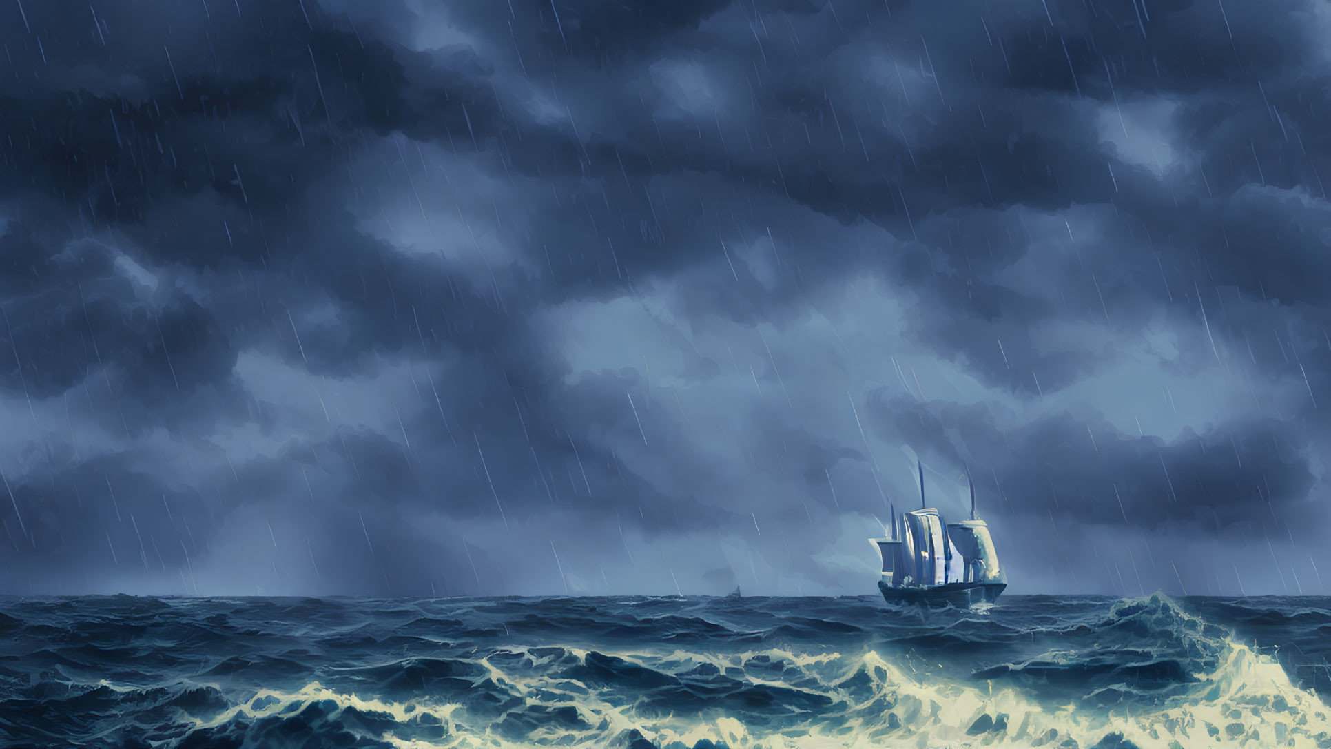 Stormy Ocean Scene: Ship Against Dark Sky & Heavy Rain