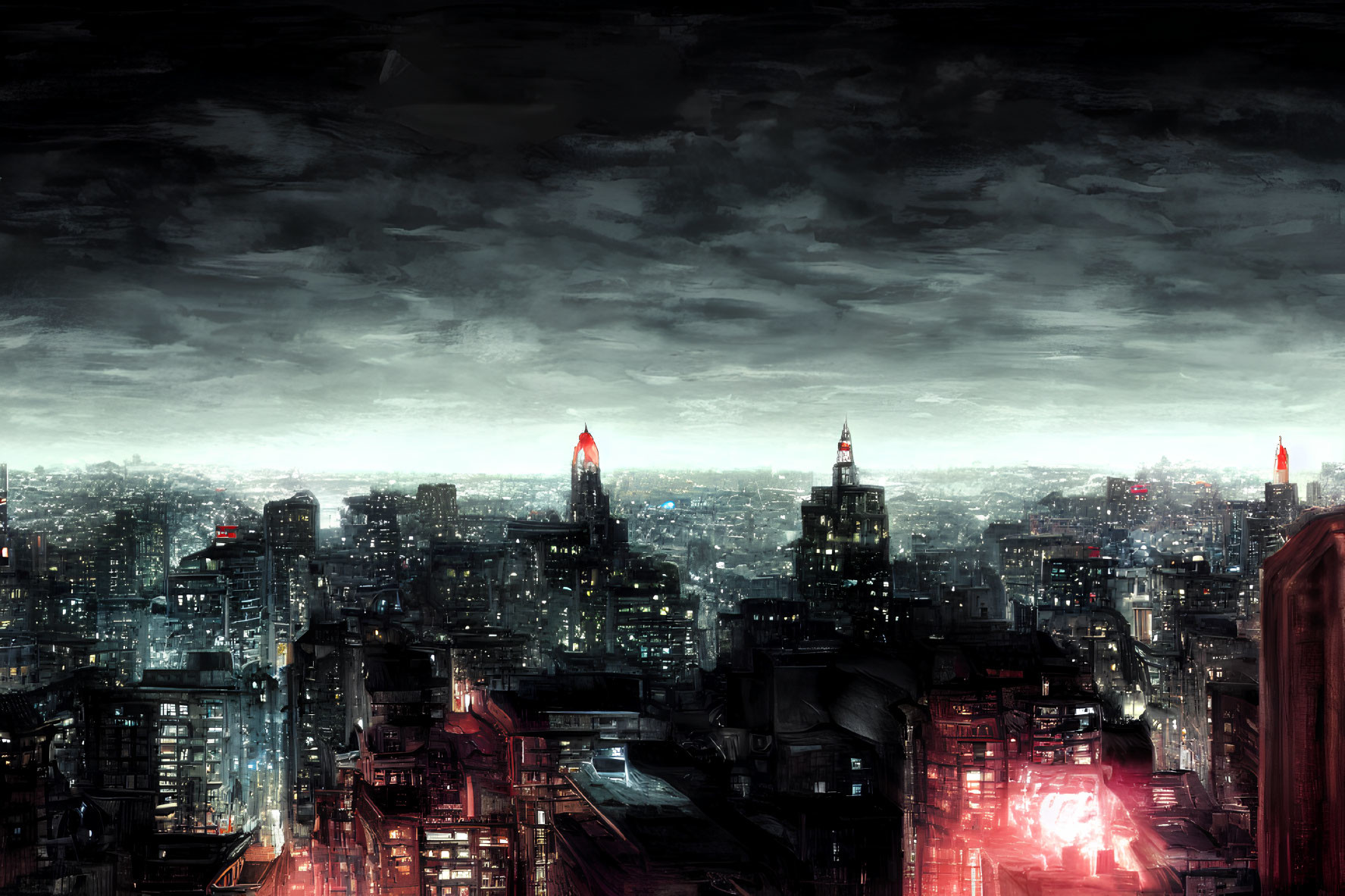 Dystopian cityscape at night with illuminated buildings and red lights