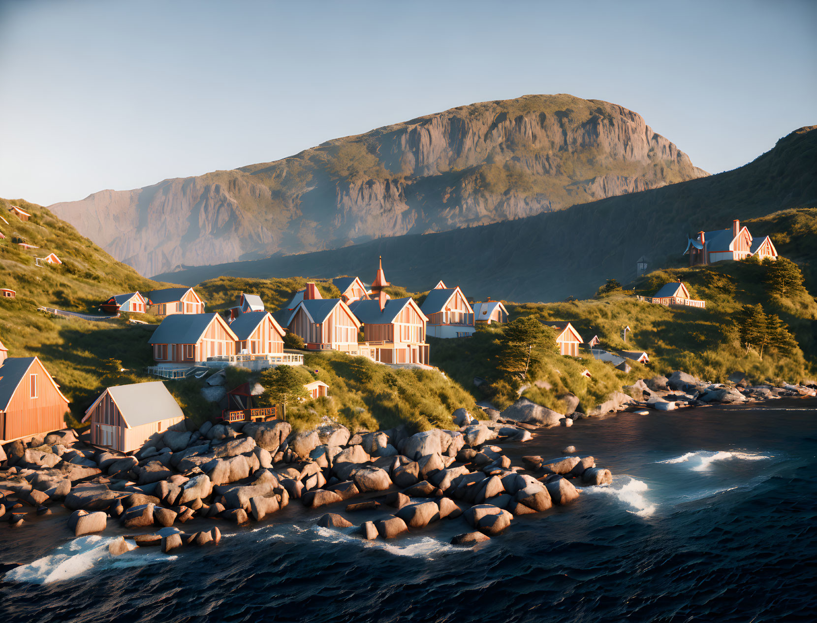 Colorful Coastal Village Nestled Amid Green Hills & Blue Skies