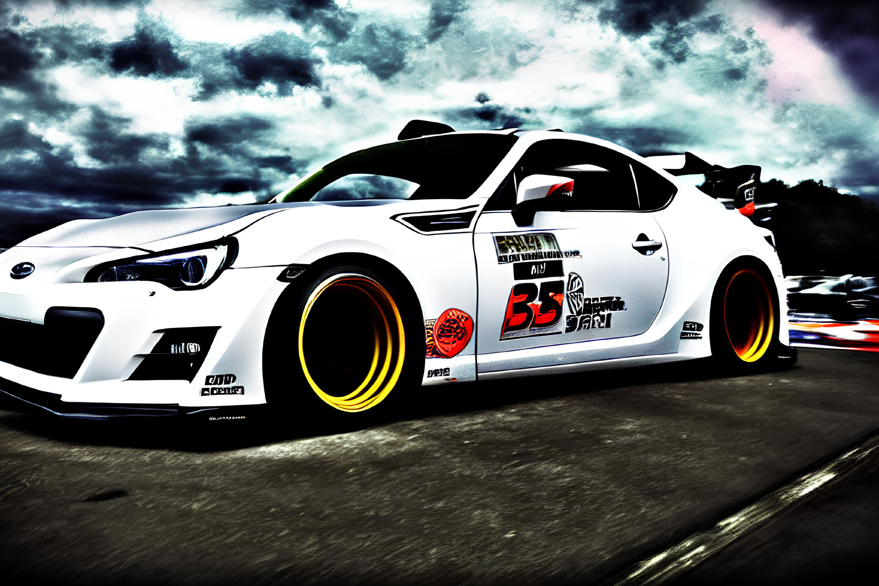 White Sports Car with Orange Rims and Racing Decals under Cloudy Sky