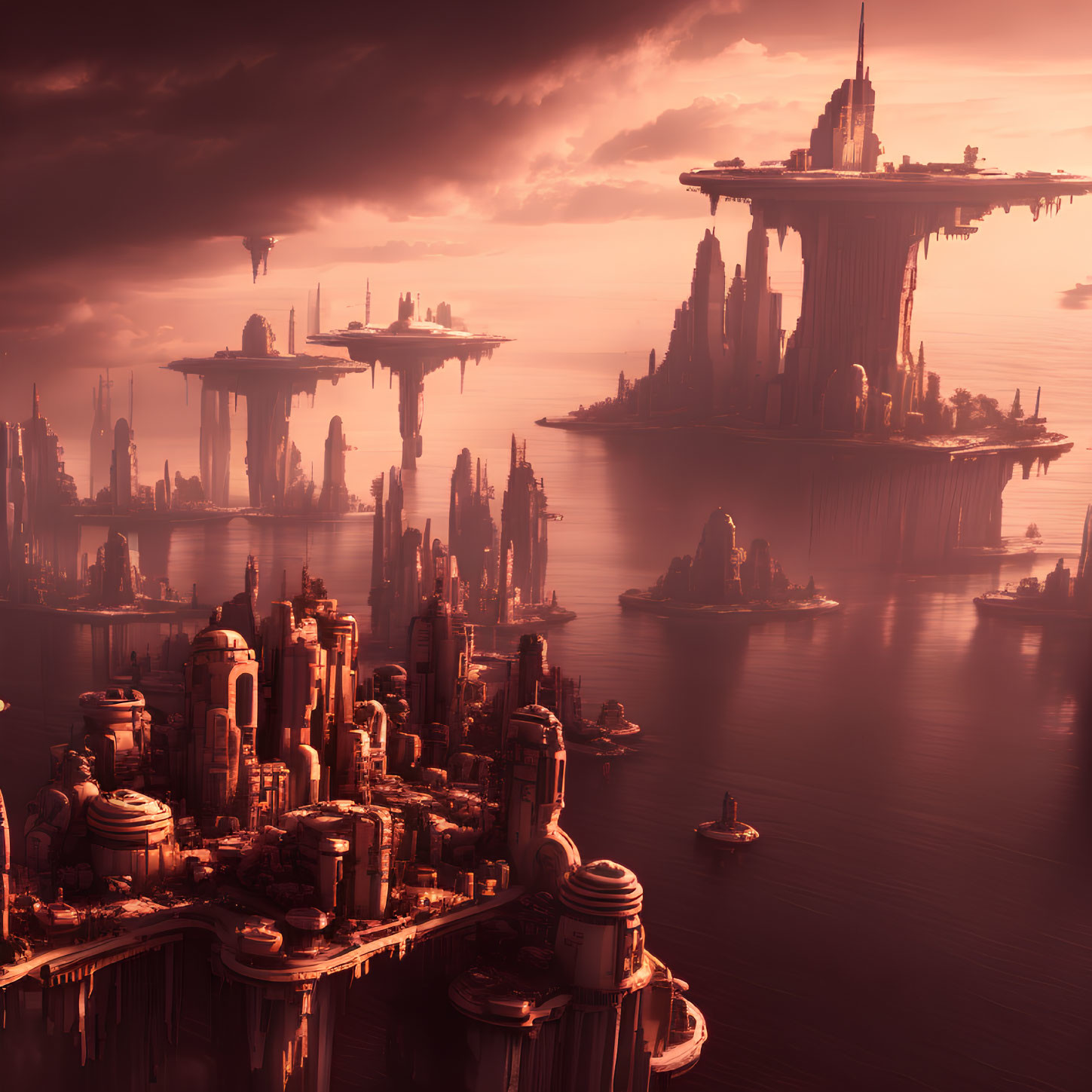 Futuristic cityscape with towering spires in warm alien sunset