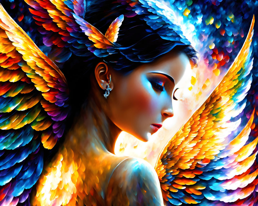 Colorful Digital Art: Woman with Feathered Wings in Profile View