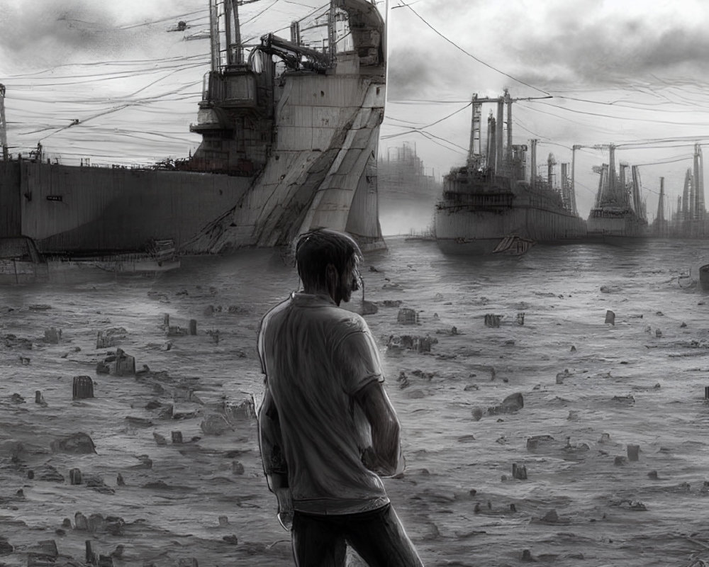 Man standing among ruins observing derelict ships and desolate landscape