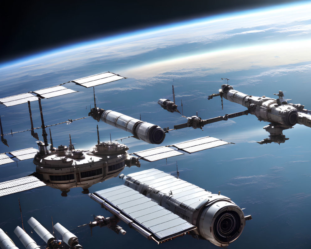 Futuristic space station with solar panels, spaceship, and sunrise orbiting Earth