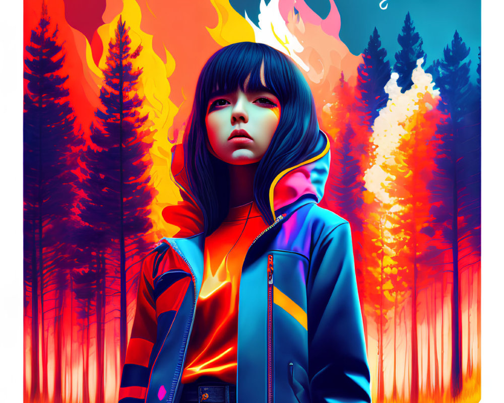 Digital Artwork: Girl in somber expression with colorful forest fire background