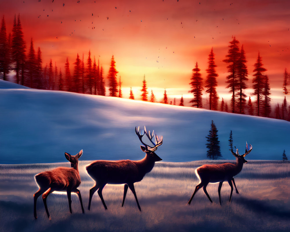 Snowy sunset scene with three deer, pine trees, and birds in the sky