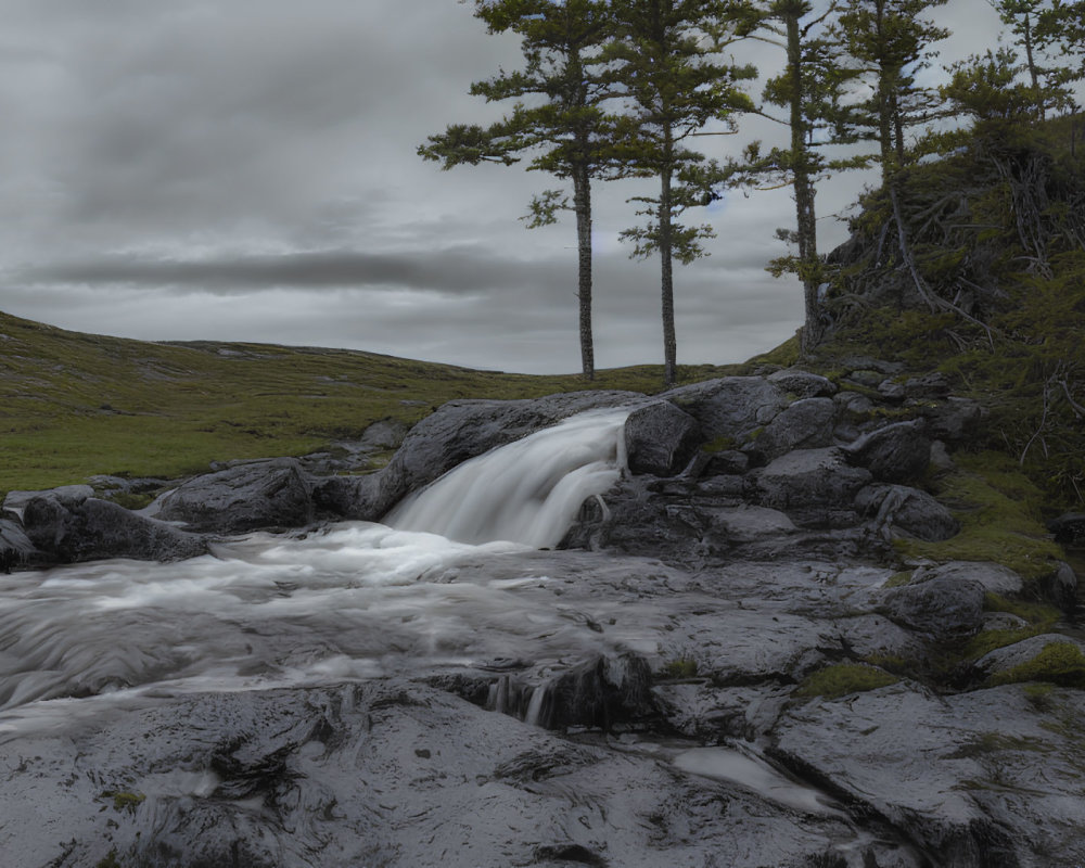 Tranquil waterfall scene with dark rocks, green grass, and cloudy sky