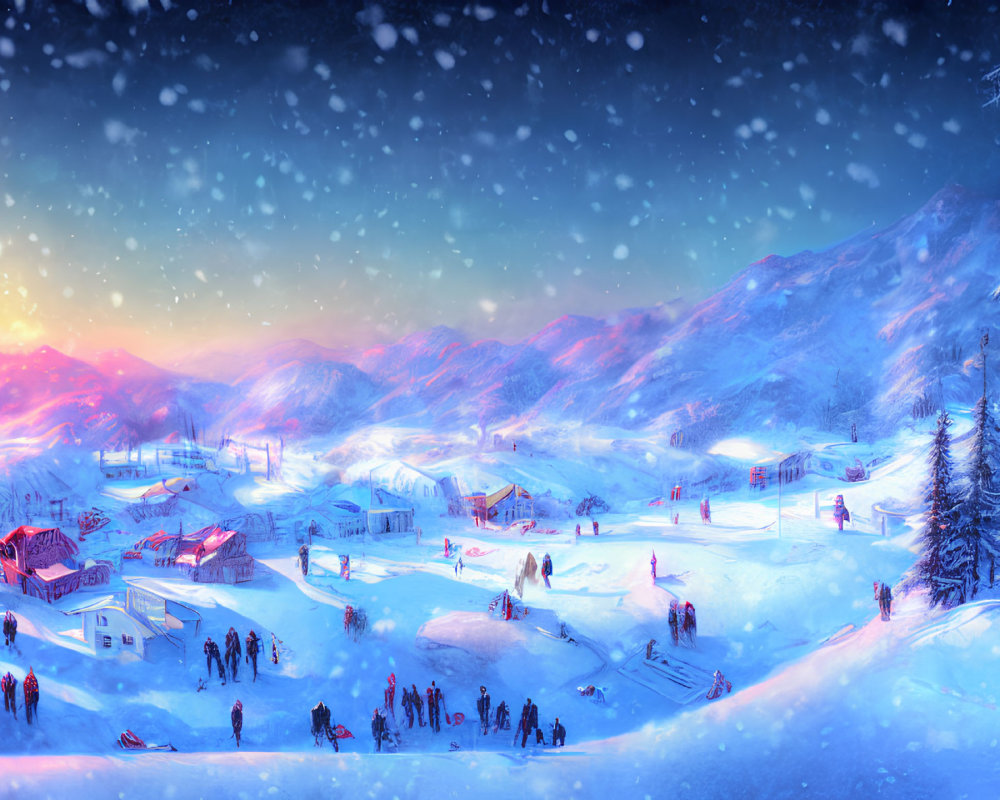 Snowy village at sunset: Winter activities in snow-covered setting