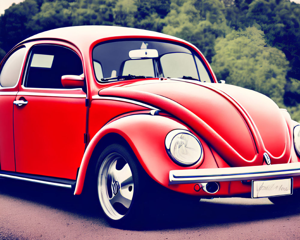 Vintage red Volkswagen Beetle with white roof parked on road amidst lush greenery