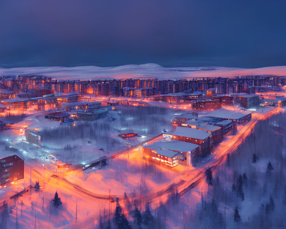 Snowy town at twilight with orange streetlights and illuminated buildings