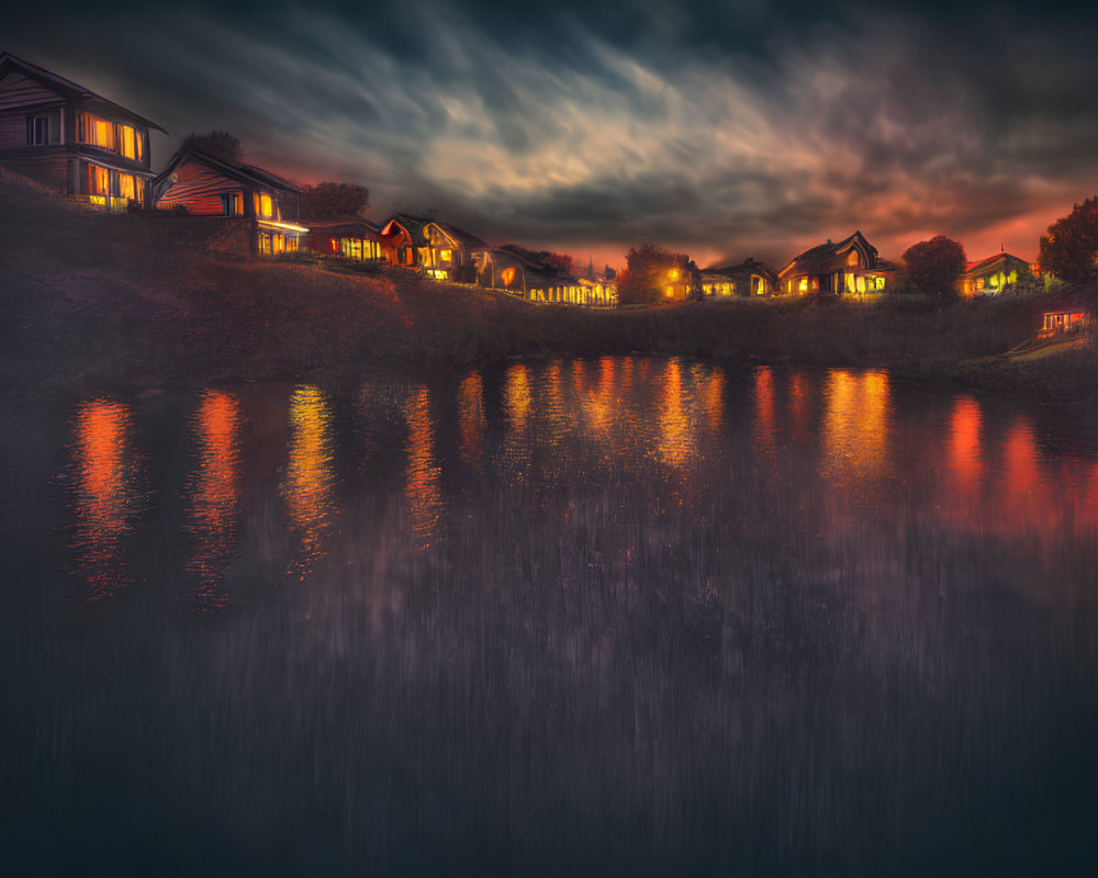 Illuminated Houses Along Water's Edge at Dusk