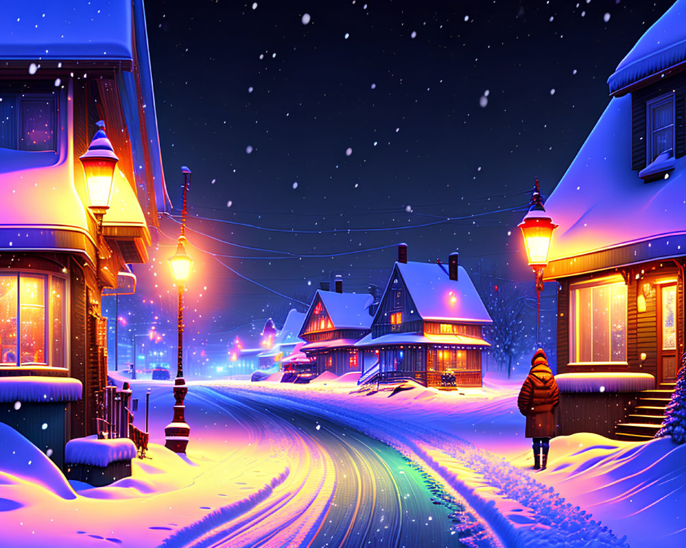 Snow-covered small town at night with illuminated houses, person walking, and falling snowflakes