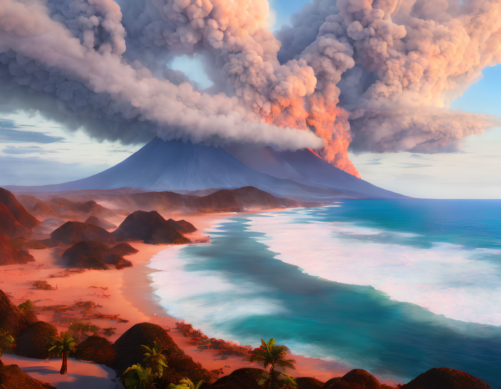 Erupting volcano ash clouds over tropical beach