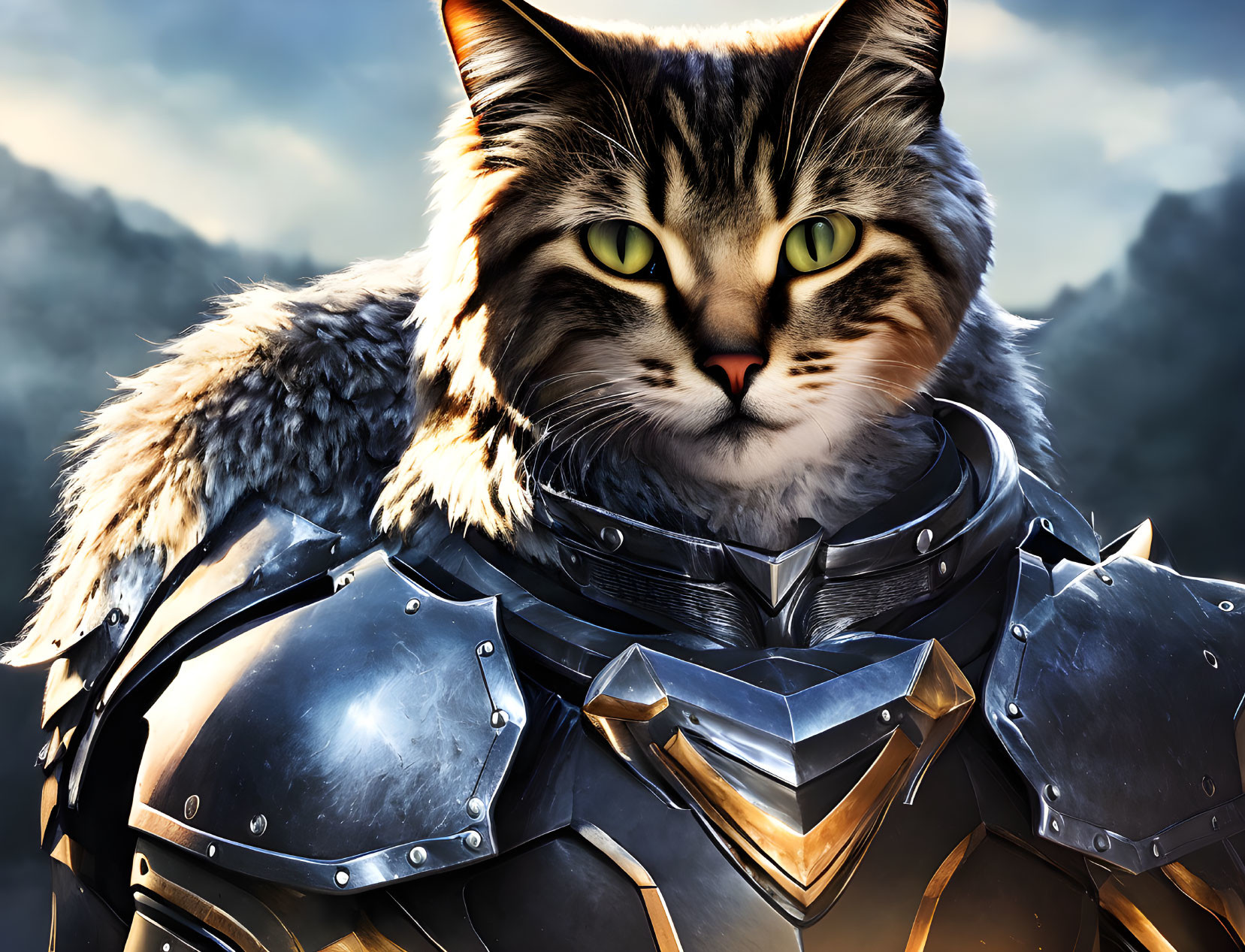 Majestic cat in metallic armor with green eyes on blurred background