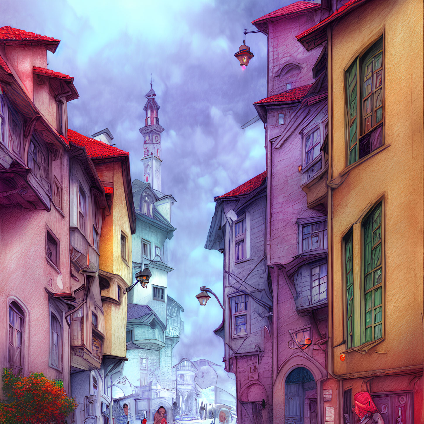 Colorful illustration: Vibrant street with pastel sky