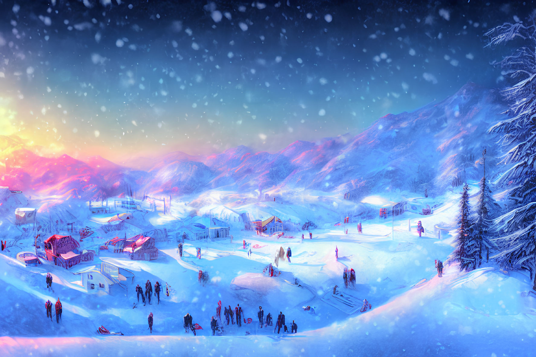 Snowy village at sunset: Winter activities in snow-covered setting