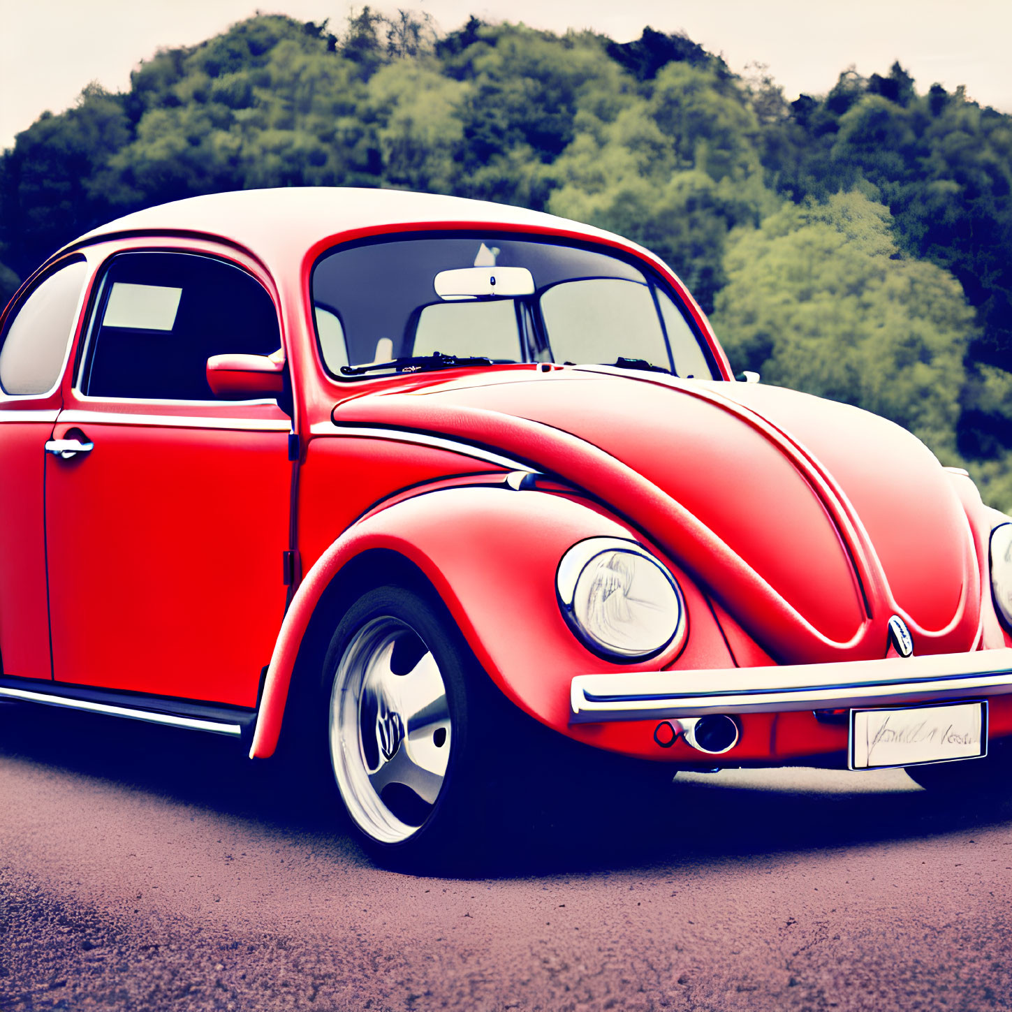 Vintage red Volkswagen Beetle with white roof parked on road amidst lush greenery