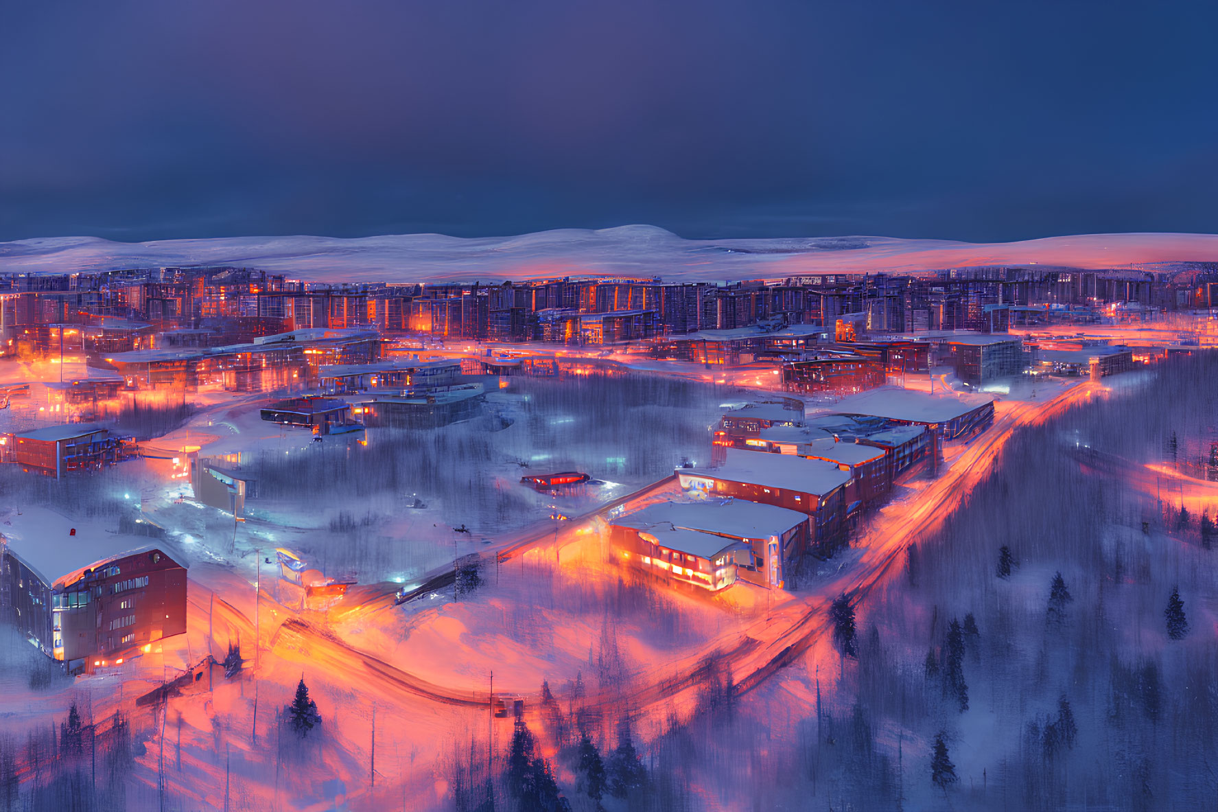 Snowy town at twilight with orange streetlights and illuminated buildings