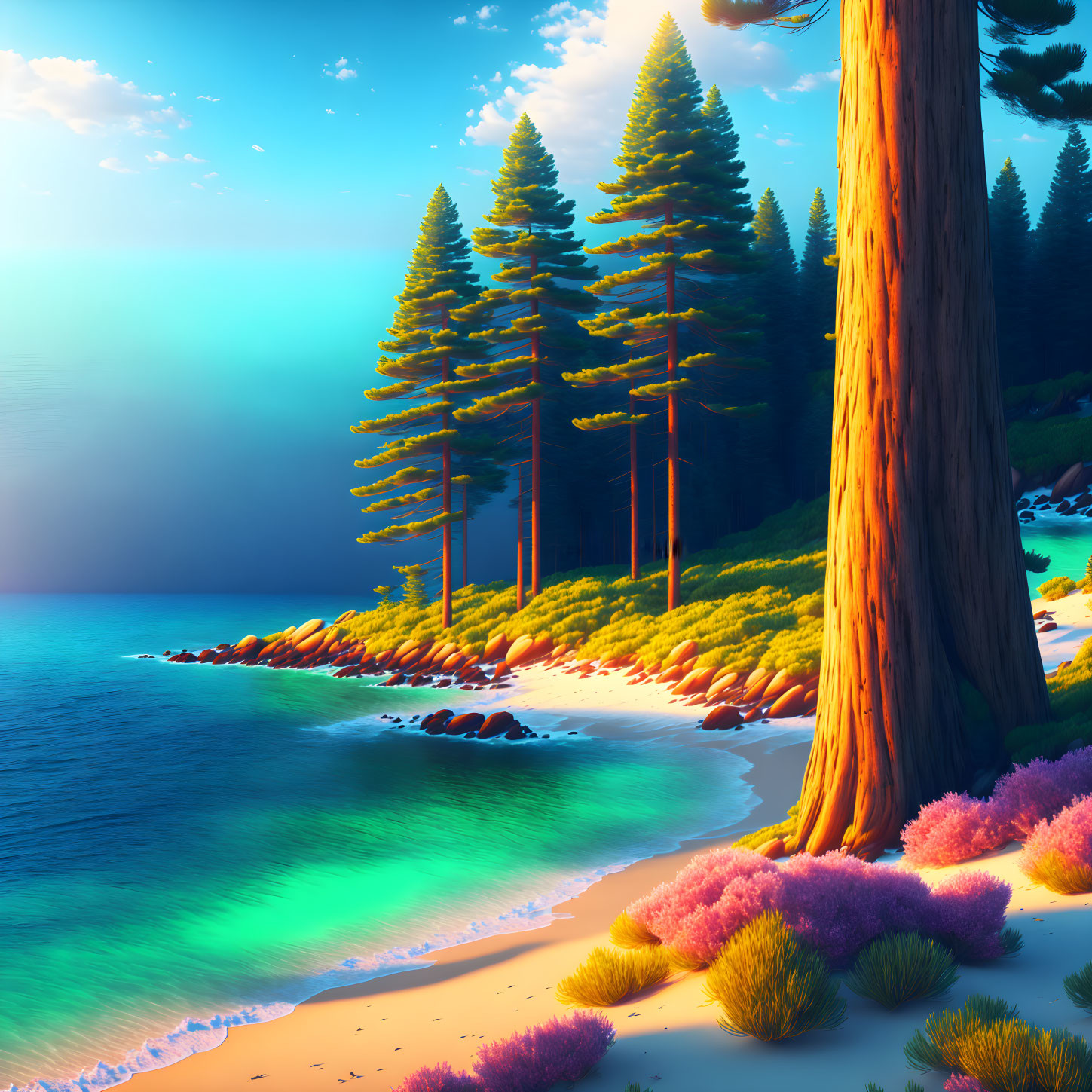 Colorful Beach Scene with Pine Trees, Flora, and Turquoise Sea