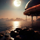 Person on rocky shore views futuristic airship at sunset