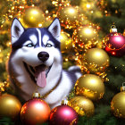 Cheerful animated husky in festive Christmas tree setting