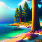 Colorful Beach Scene with Pine Trees, Flora, and Turquoise Sea