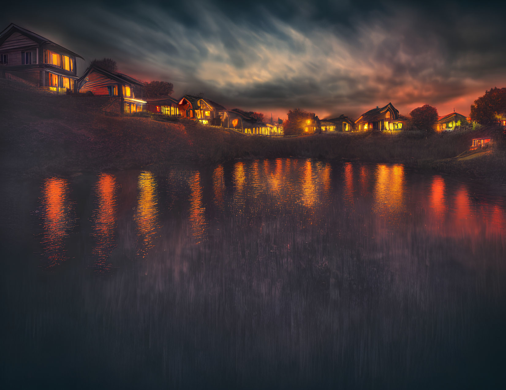 Illuminated Houses Along Water's Edge at Dusk