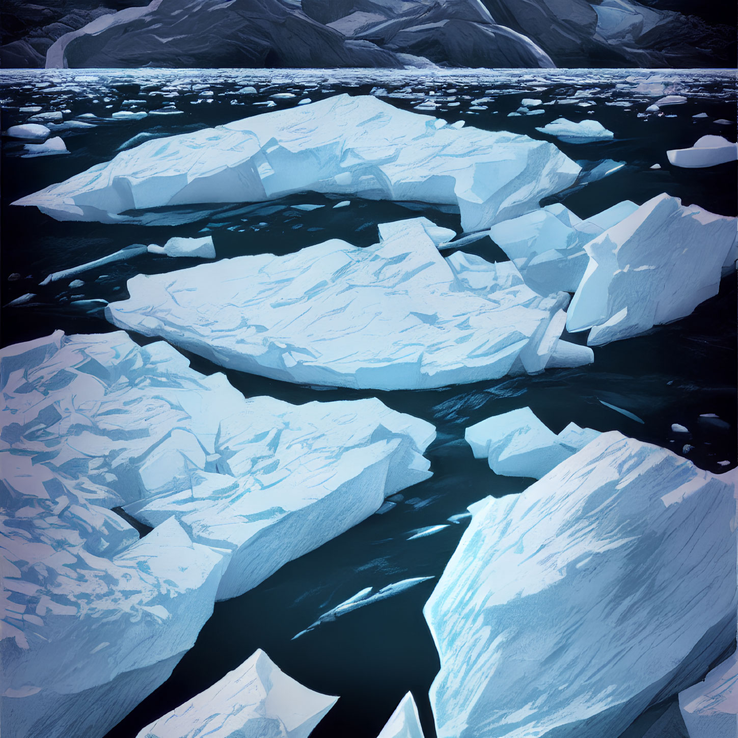 Icy Landscape with Blue-White Icebergs in Dark Blue Water