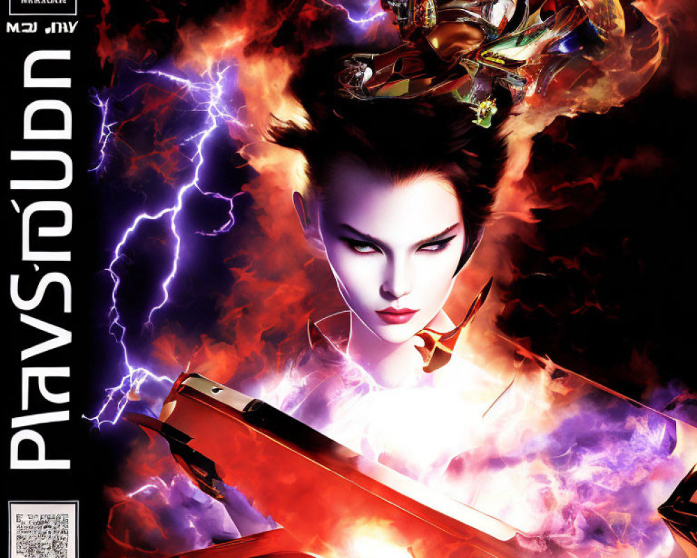 Fierce woman with purple lipstick in futuristic setting surrounded by flames and electricity