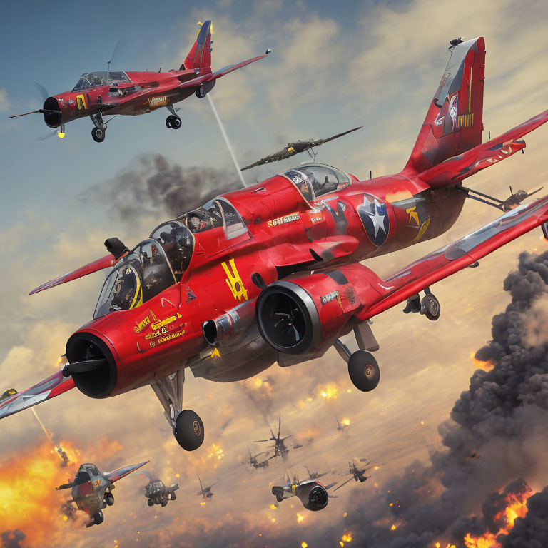 Red military aircraft in formation amidst explosions and aerial battle scene.