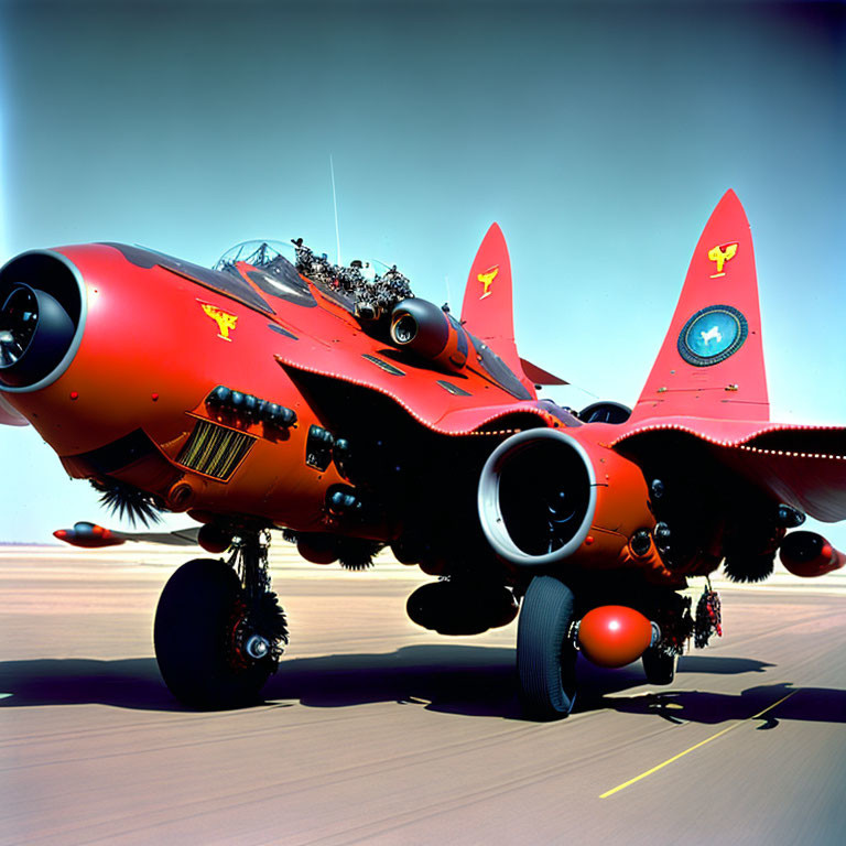 Vibrant red twin-engine jet fighter on tarmac with yellow stars