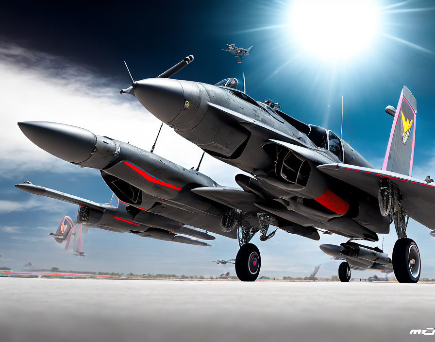 Military fighter jets on runway and in flight under sunlit sky