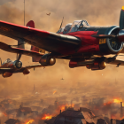 Vintage fighter planes in formation above fiery explosions and clouds