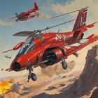 Red military aircraft in formation amidst explosions and aerial battle scene.