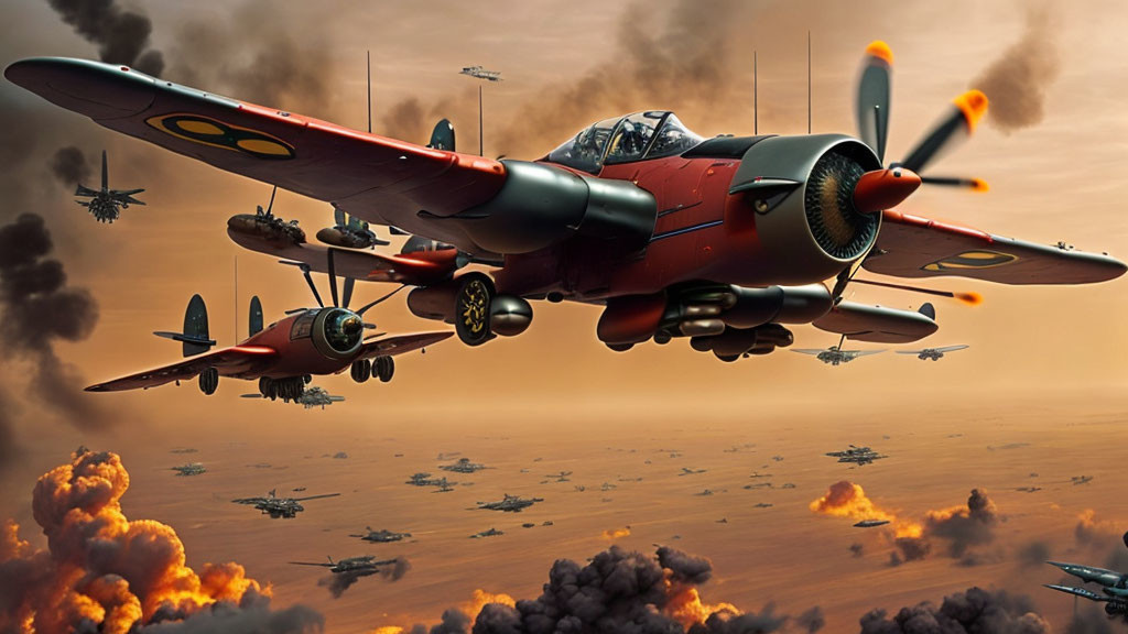 Vintage fighter planes in formation above fiery explosions and clouds