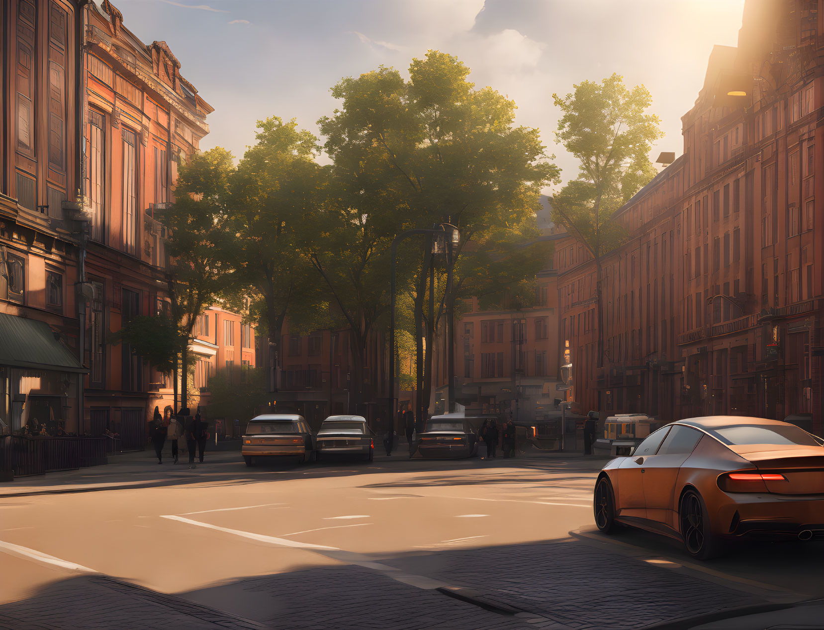 European street scene at sunset with warm light and long shadows