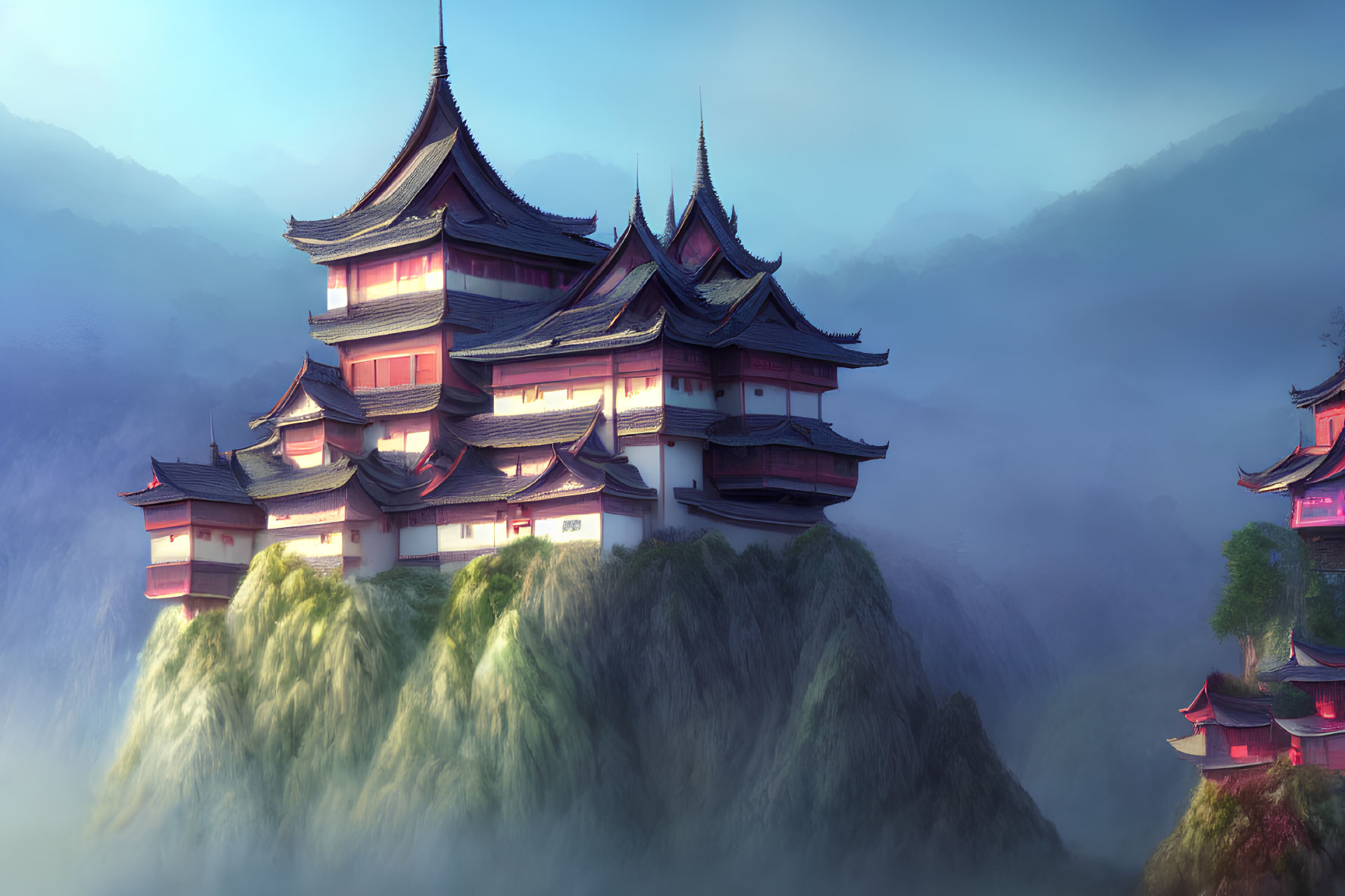 Asian-Style Palace on Misty Green Hills