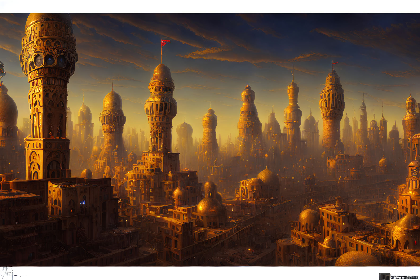 Intricate Arabian Nights cityscape at golden sunset