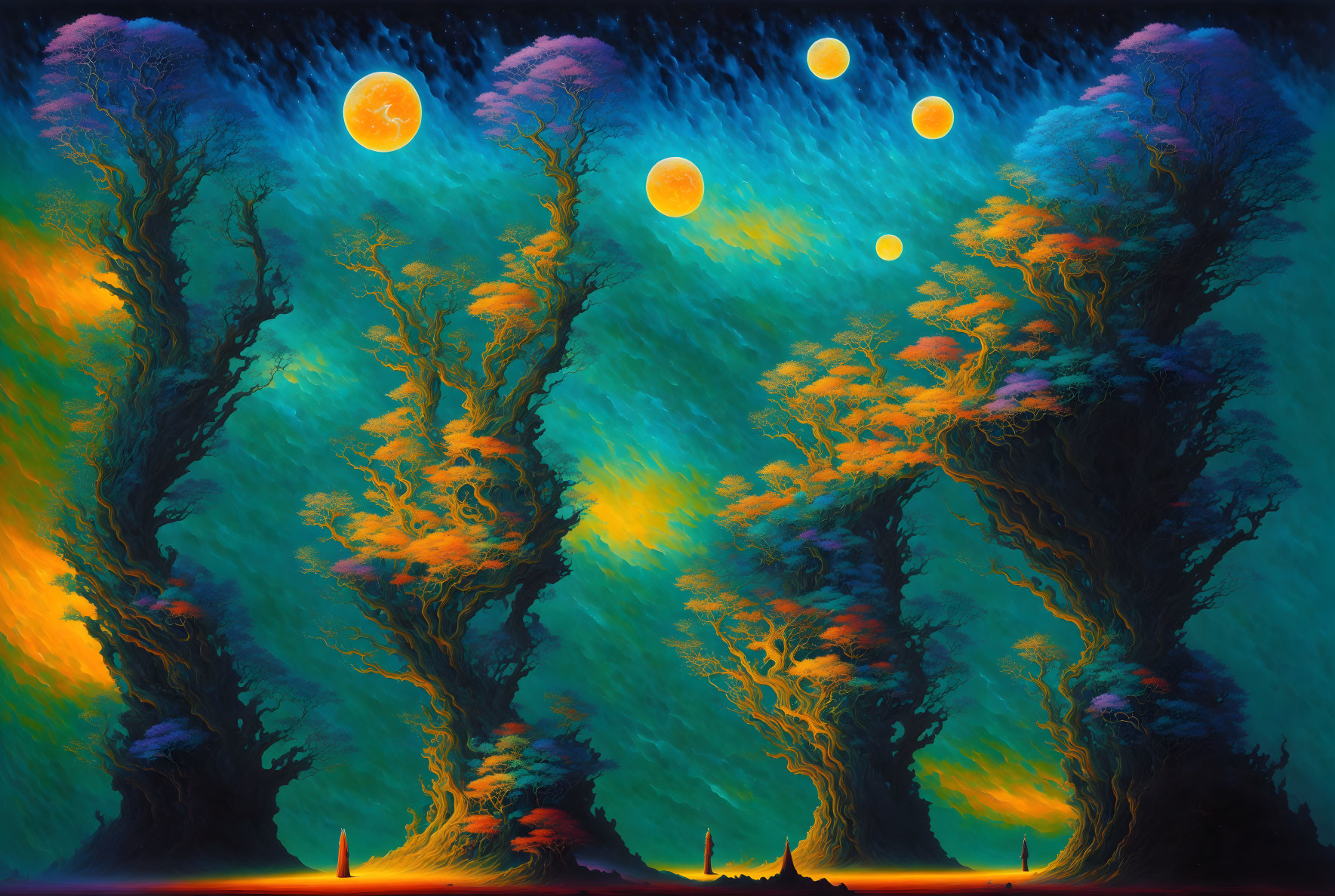 Colorful surreal landscape with towering tree-like structures and multiple moons.