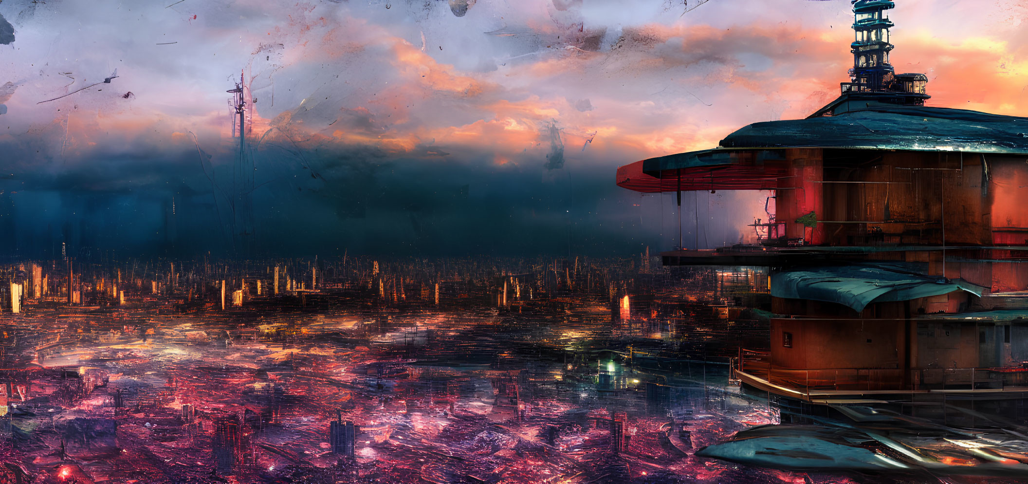 Luminous futuristic cityscape at dusk with sprawling urban expanse.