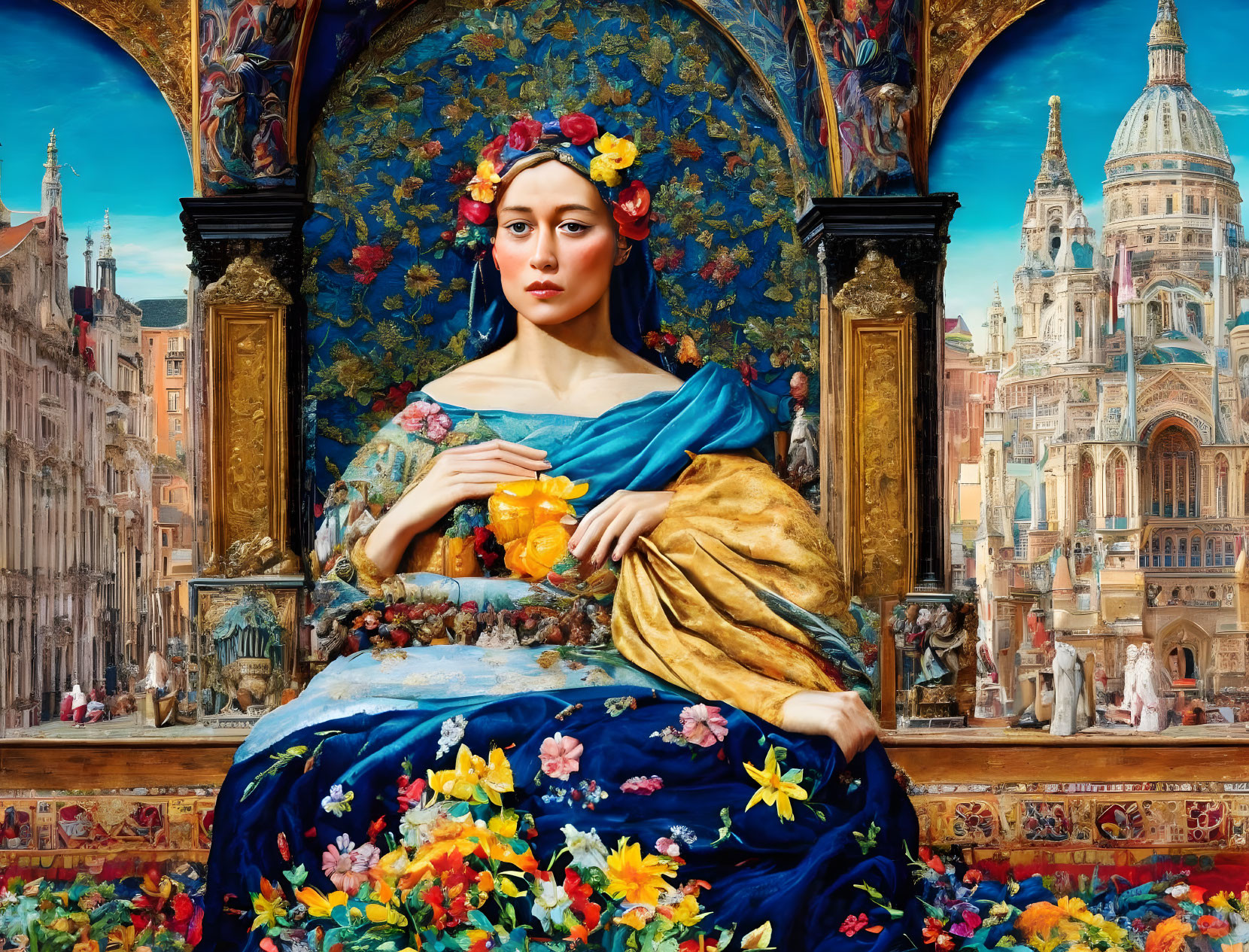 Woman with floral crown against vibrant background of ornate architecture.