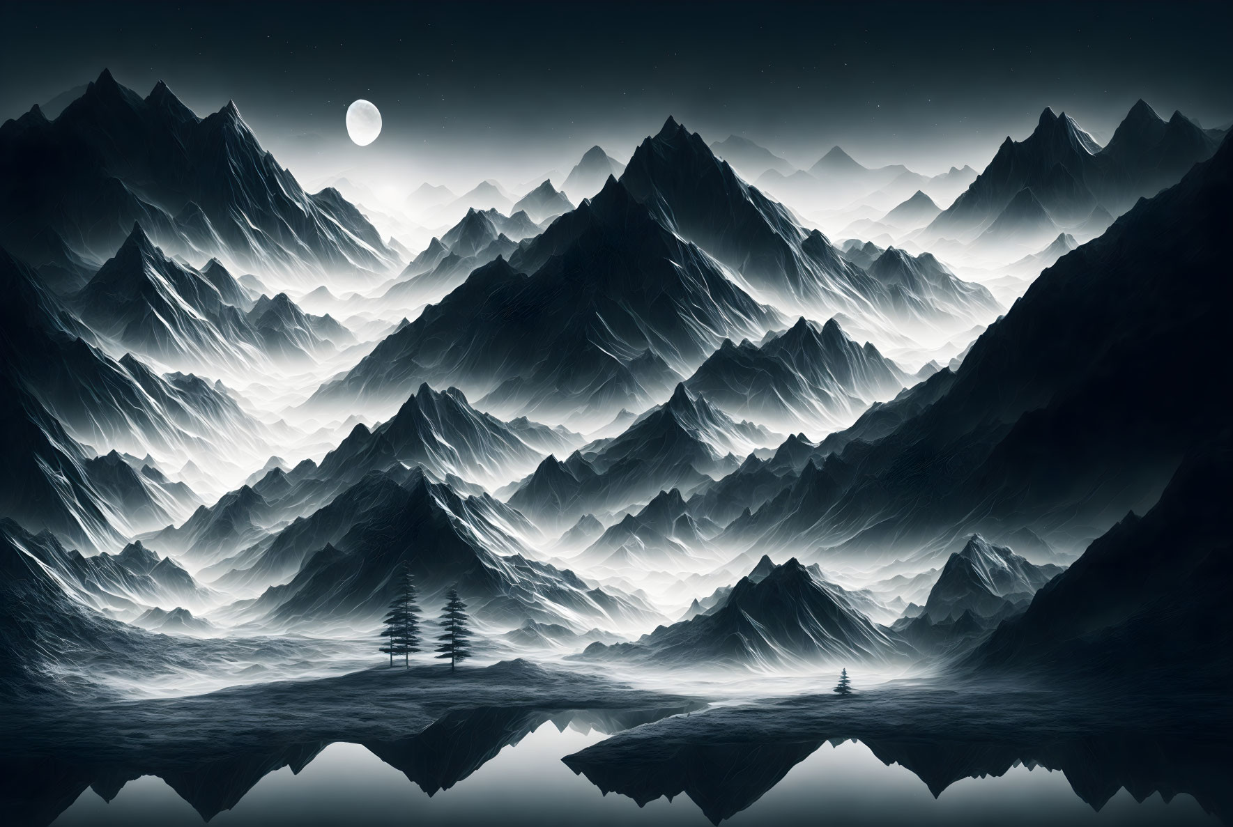 Moonlit Monochromatic Landscape: Layered Mountains, Reflective Lake, Isolated Trees