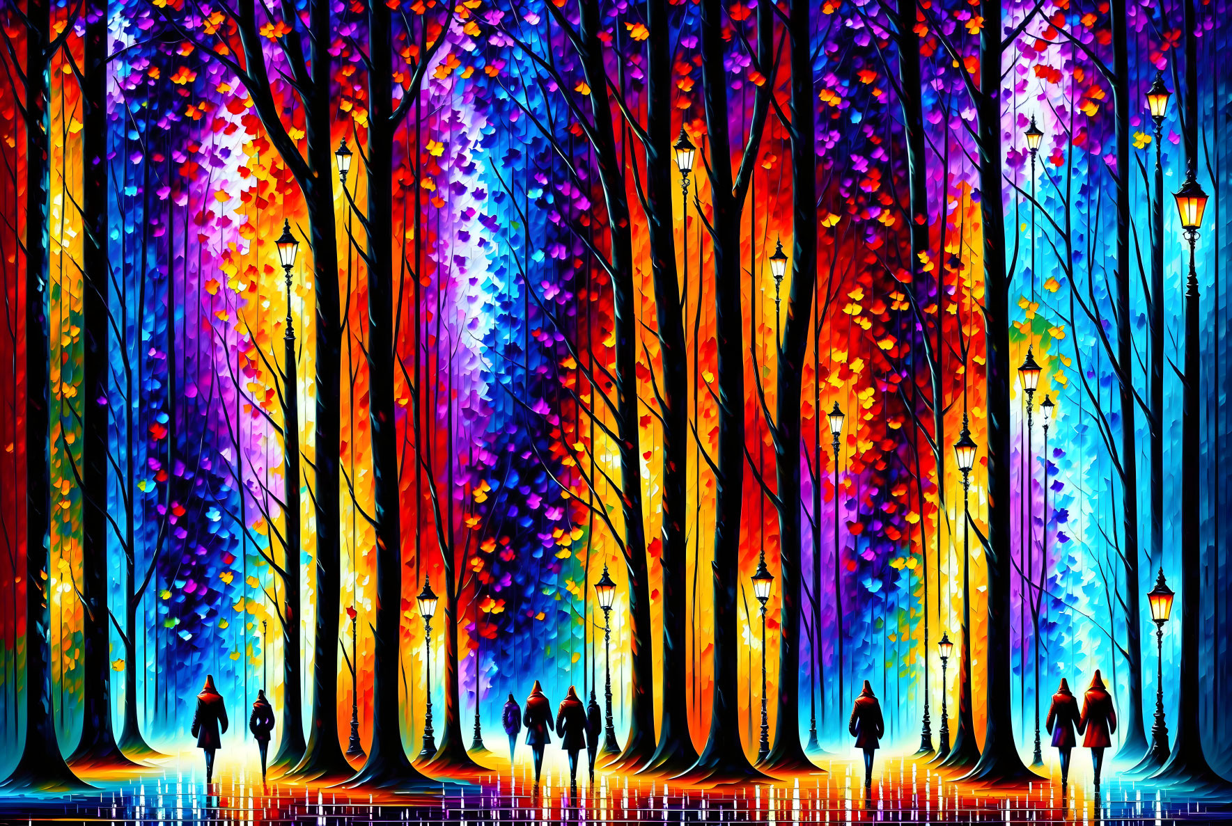 Colorful forest painting with illuminated trees, wet path reflections, street lamps, and walking figures