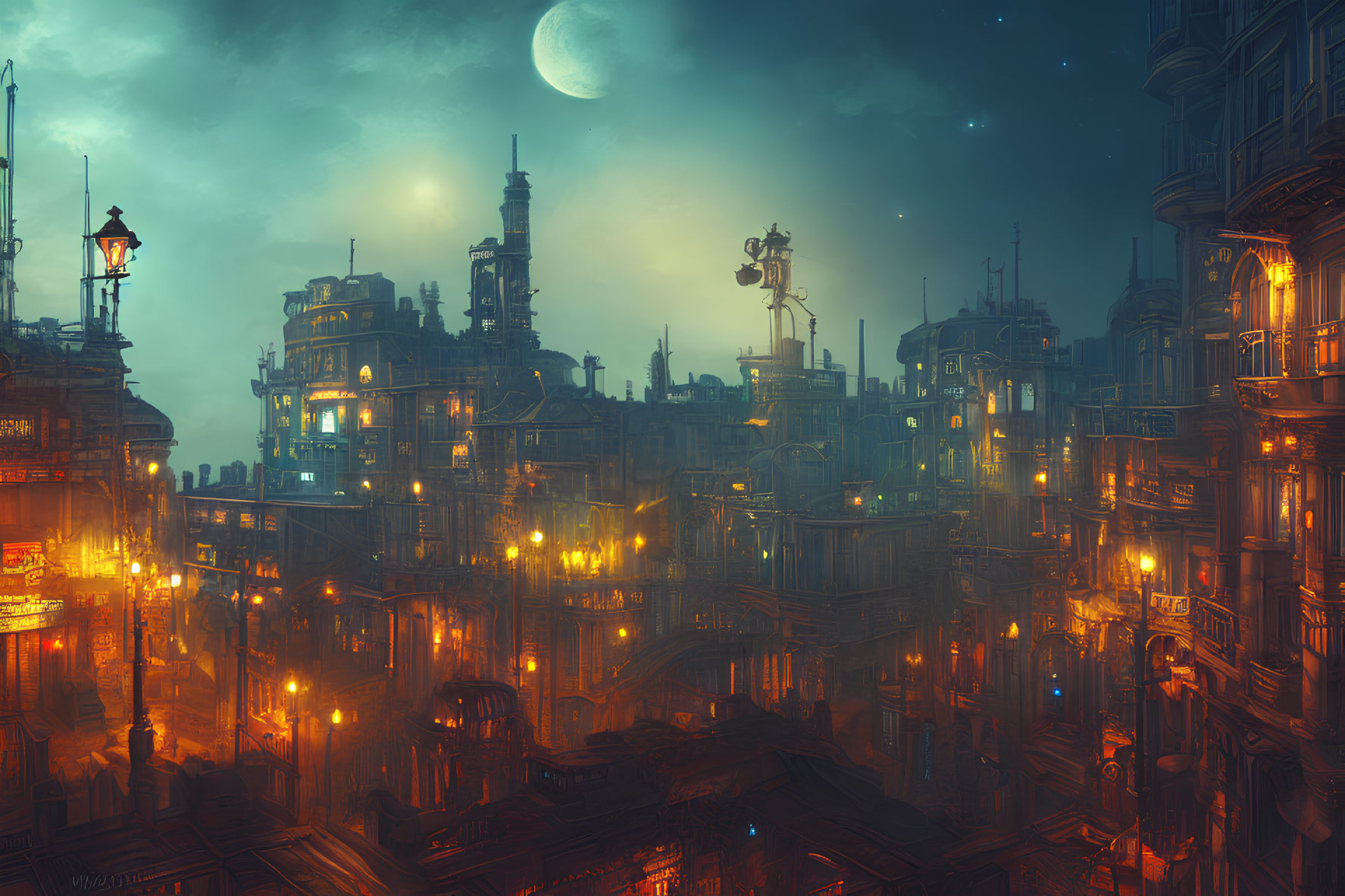 Nocturnal cityscape with illuminated streets and buildings under a luminous moon