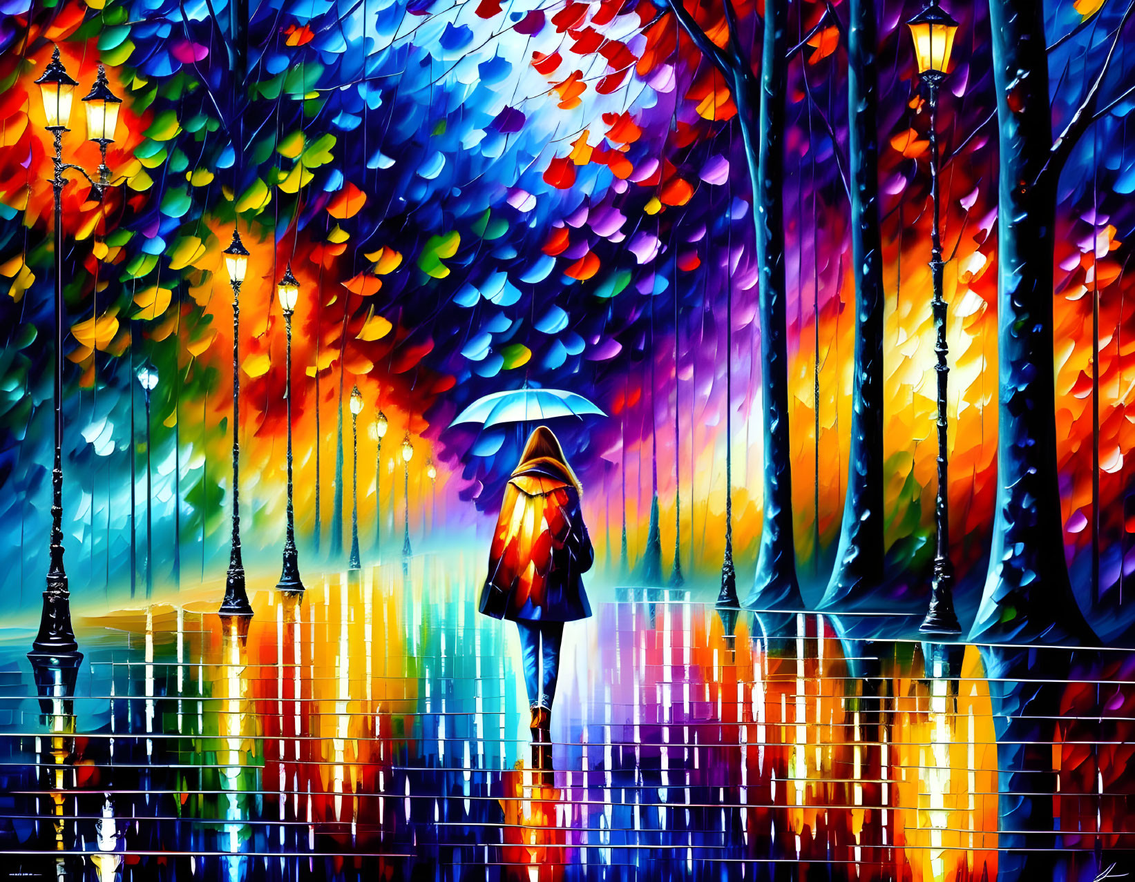 Colorful Autumn Scene: Person with Umbrella on Reflective Path